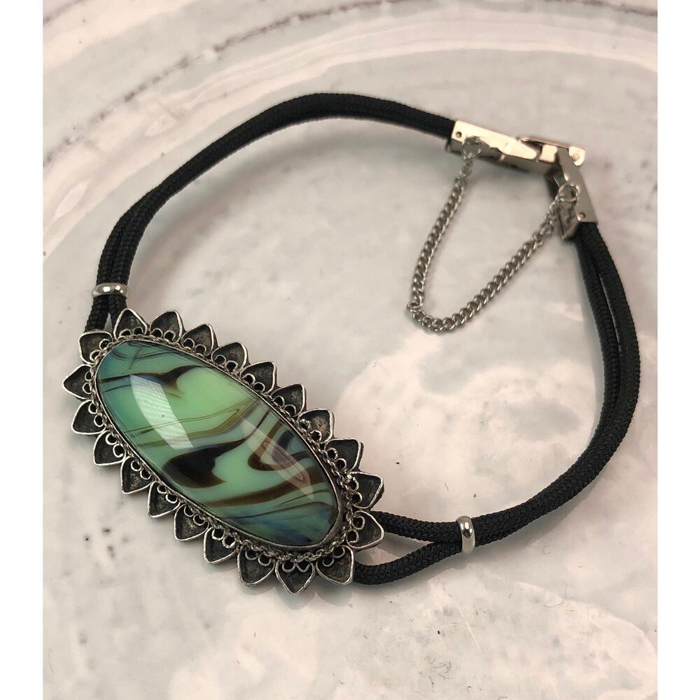 Groovy Vintage Sterling Silver Green Marbled Pendant on Watchband BRACELET
